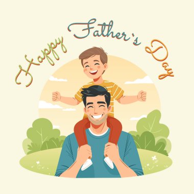 Babalar günün kutlu olsun. Kız, babasının omuzlarında düz bir şekilde oturuyor. Vektör illüstrasyonu