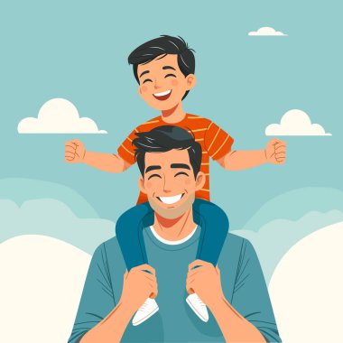 Babalar günün kutlu olsun. Kız, babasının omuzlarında düz bir şekilde oturuyor. Vektör illüstrasyonu