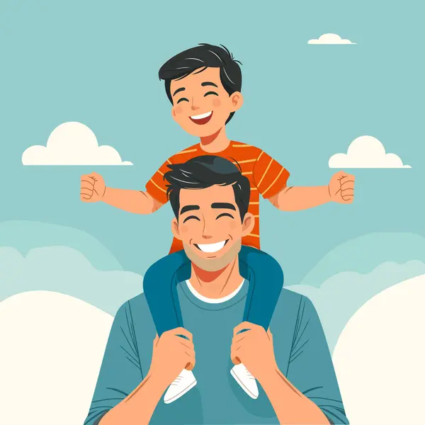 Babalar günün kutlu olsun. Kız, babasının omuzlarında düz bir şekilde oturuyor. Vektör illüstrasyonu