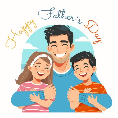 Mutlu baba mutlu çocuklara sarılır. Babalar Günü. Düz biçimli vektör illüstrasyonu