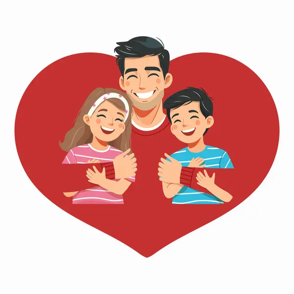 Mutlu baba mutlu çocuklara sarılır. Babalar Günü. Düz biçimli vektör illüstrasyonu