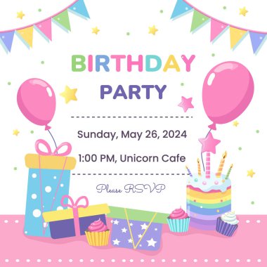Doğum günü partisine balonlu, pastalı ve mumlu renkli bir davetiye. Şablonların vektör illüstrasyonu kart, poster, el ilanı veya pankart için harika.