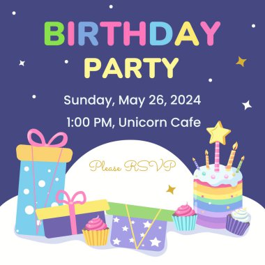 Doğum günü partisine balonlu, pastalı ve mumlu renkli bir davetiye. Şablonların vektör illüstrasyonu kart, poster, el ilanı veya pankart için harika.
