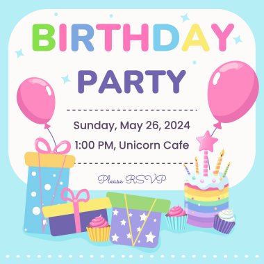 Doğum günü partisine balonlu, pastalı ve mumlu renkli bir davetiye. Şablonların vektör illüstrasyonu kart, poster, el ilanı veya pankart için harika.