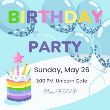 Doğum günü partisine balonlu, pastalı ve mumlu renkli bir davetiye. Şablonların vektör illüstrasyonu kart, poster, el ilanı veya pankart için harika.