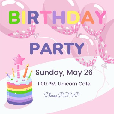 Doğum günü partisine balonlu, pastalı ve mumlu renkli bir davetiye. Şablonların vektör illüstrasyonu kart, poster, el ilanı veya pankart için harika.