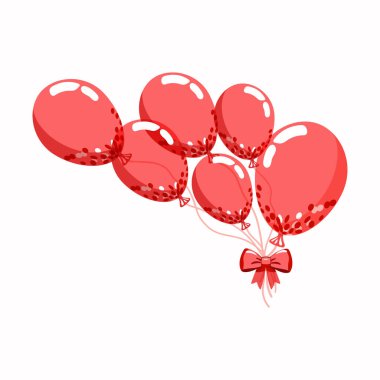Doğum günü ve parti için kırmızı kurdeleli bir sürü şeffaf balon. Çizgi film tarzında ipli uçan kırmızı balonlar. Kutlama ve karnaval için vektör illüstrasyonu.
