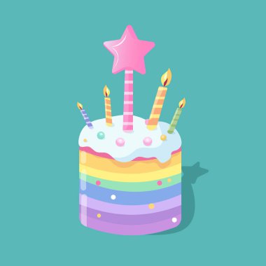 Gökkuşağı pastası. Üstünde mumlar ve pembe yıldız var. Çizgi film karakteri düz stil. Vektör illüstrasyonu