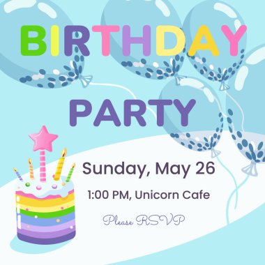 Doğum günü partisine balonlu, pastalı ve mumlu renkli bir davetiye. Şablonların vektör illüstrasyonu kart, poster, el ilanı veya pankart için harika.