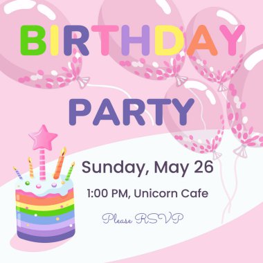 Doğum günü partisine balonlu, pastalı ve mumlu renkli bir davetiye. Şablonların vektör illüstrasyonu kart, poster, el ilanı veya pankart için harika.