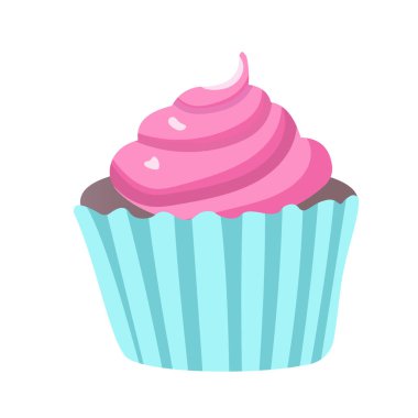 Üstünde pembe krema olan çikolatalı kek. Beyaz arkaplanda basit düz biçimdeki vektör illüstrasyonuName