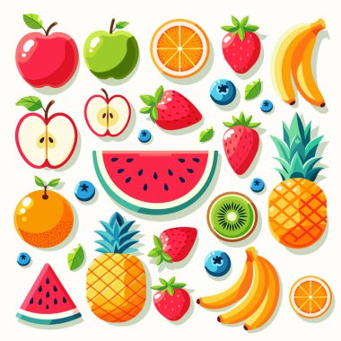 Düz tarzda çeşitli meyvelerin renkli çeşitleri. Çizgi film vektör çizimleri.