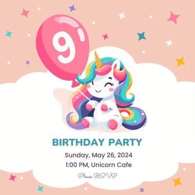 Doğum günü partisi davetiyesi şablonu şirin tek boynuzlu at ve 9 numaralı giyilebilir top. Vektör illüstrasyonu.