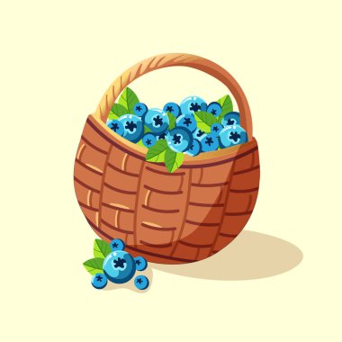 Yaban mersini ve yapraklı hasır sepet, düz stil gerçekçi vektör illüstrasyonu, beyaz üzerinde izole.