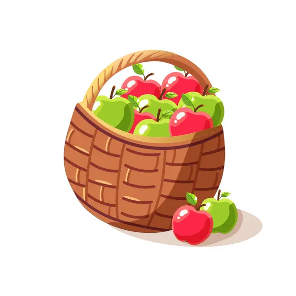 Bir sepet kırmızı ve yeşil elma. Sonbahar hasadı. Düz biçimli vektör illüstrasyonu