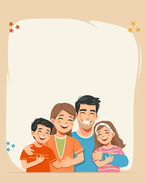 Mutlu aile tebessümü ve kucaklaşmalarıyla geçmiş. Baba, anne, oğul ve kız. Düz bir şekilde vektör illüstrasyonu