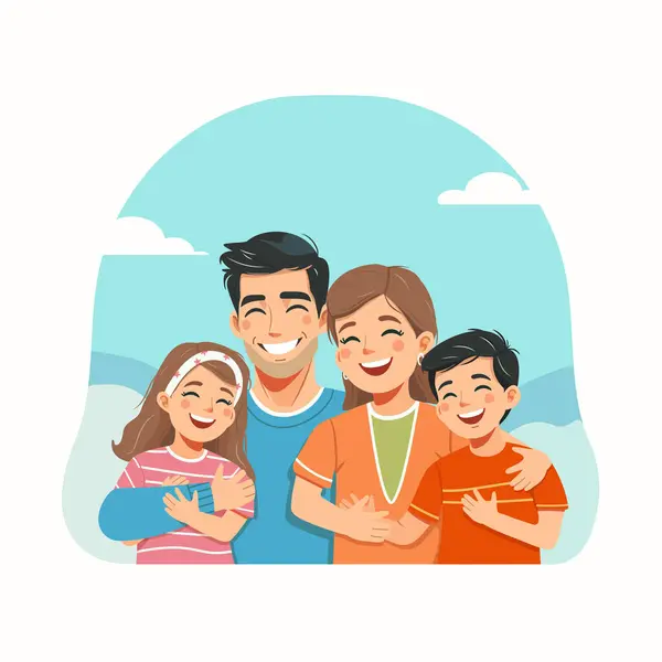 Mutlu aile gülümsemesi ve kucaklaşması. Baba, anne, oğul ve kız. Düz bir şekilde vektör illüstrasyonu