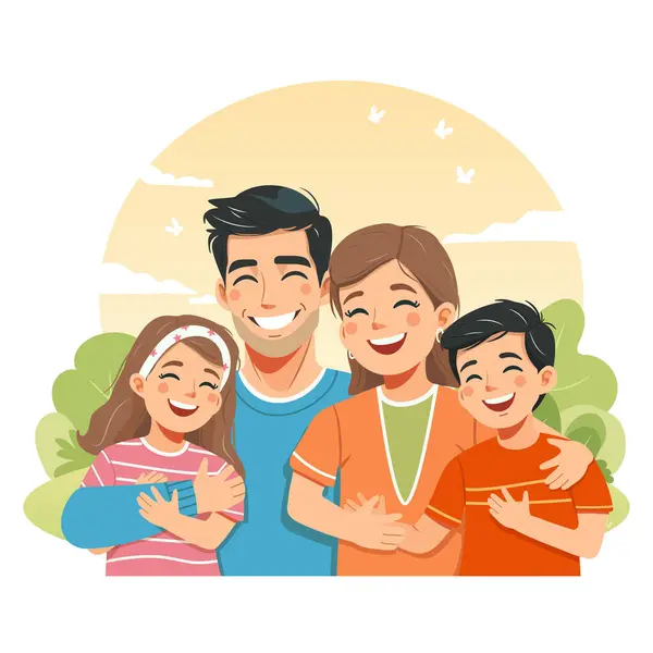 Mutlu aile gülümsemesi ve kucaklaşması. Baba, anne, oğul ve kız. Düz bir şekilde vektör illüstrasyonu