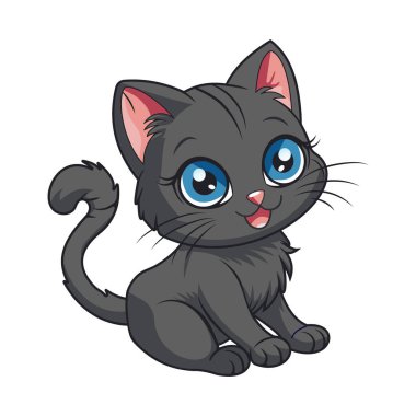 Güzel mavi gözleri olan sevimli siyah kedi. Uluslararası kedi günü. Çizgi film karakteri düz stil. Vektör illüstrasyonu