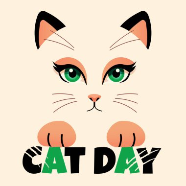 Kedi Günü için patronluk taslayan kedi çizgi filmi. Düz biçimli vektör illüstrasyonu