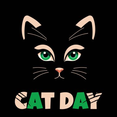Kedi Günü için patronluk taslayan kara kedi çizgi filmi. Düz biçimli vektör illüstrasyonu