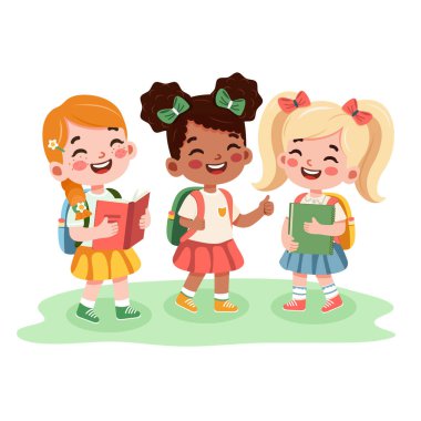 Sırt çantalı, beyaz arka planda güzel gülümseyen uluslararası kızlar. Çizgi film karakteri düz stil. Vektör illüstrasyonu