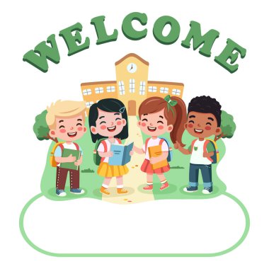 Okulun önünde elinde kitap ve sırt çantasıyla gülümseyen uluslararası çocukların şablonu. Okul konseptine geri dönelim. Düz dizayn tarzında bir çizgi film karakteri izole edildi. Vektör illüstrasyonu