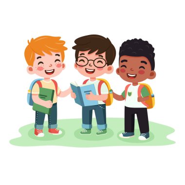 Sırt çantalı, beyaz arka planda gülümseyen uluslararası çocuklar. Çizgi film karakteri düz stil. Vektör illüstrasyonu