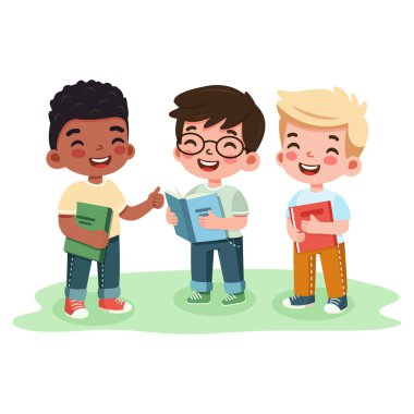 Beyaz arka planda kitapları olan gülümseyen uluslararası çocuklar. Çizgi film karakteri düz stil. Vektör illüstrasyonu