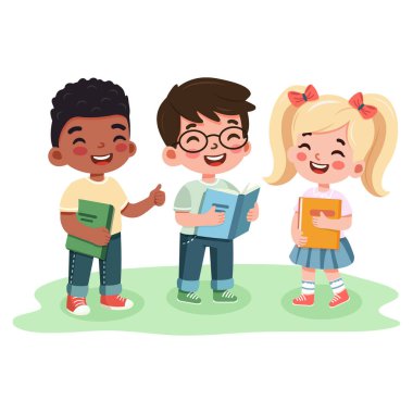 Gülümseyen uluslararası erkekler ve kız ellerinde beyaz arka plan kitaplarıyla ayakta duruyorlar. Çizgi film karakteri düz stil. Vektör illüstrasyonu