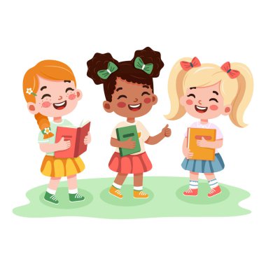 Beyaz arka plan kitapları olan gülümseyen uluslararası kızlar. Çizgi film karakteri düz stil. Vektör illüstrasyonu