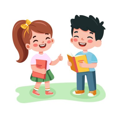 Gülümseyen oğlan ve kız beyaz arka planda kitaplarla ayakta duruyorlar. Çizgi film karakteri düz stil. Vektör illüstrasyonu