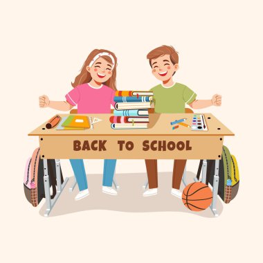 Kitaplar, okul gereçleri, basketbol ve sırt çantalarıyla sınıfta oturan mutlu çocuklar. Okul konseptine geri dönelim. Çizgi film tarzında vektör illüstrasyonu