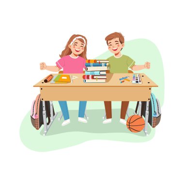 Sınıftaki masada oturan mutlu çocuklar kitaplar, okul gereçleri, basketbol ve beyaz arka planda sırt çantaları. Okul konseptine geri dönelim. Çizgi film tarzında vektör illüstrasyonu