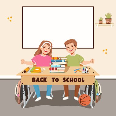 Sınıfta beyaz manyetik tahta, kitaplar, okul gereçleri, basketbol ve sırt çantalarıyla oturan mutlu çocuklar. Okul konseptine geri dönelim. Çizgi film tarzında vektör illüstrasyonu