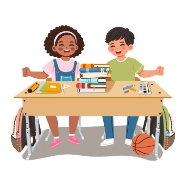 Sınıftaki beyaz manyetik paneli beyaz arka planda oturan mutlu uluslararası çocuklar. Okul konsepti. Çizgi film tarzında vektör illüstrasyonu