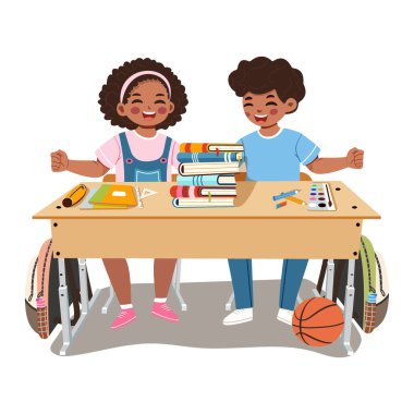 Sınıftaki beyaz manyetik paneli beyaz arka planda oturan mutlu uluslararası çocuklar. Okul konsepti. Çizgi film tarzında vektör illüstrasyonu