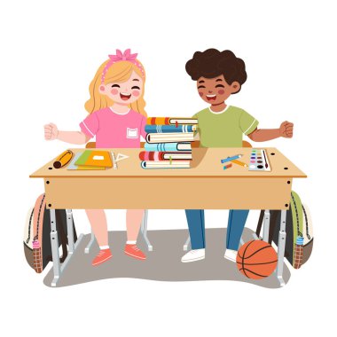 Sınıftaki beyaz manyetik paneli beyaz arka planda oturan mutlu uluslararası çocuklar. Okul konsepti. Çizgi film tarzında vektör illüstrasyonu