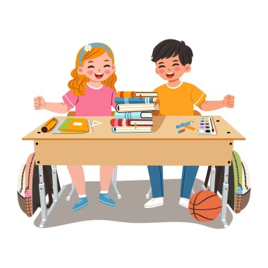 Sınıftaki beyaz manyetik paneli beyaz arka planda oturan mutlu uluslararası çocuklar. Okul konsepti. Çizgi film tarzında vektör illüstrasyonu