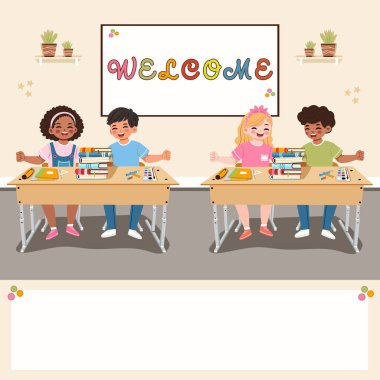 Sınıfta beyaz manyetik paneli olan mutlu uluslararası çocukların oturduğu bir şablon. Okul konsepti. Çizgi film tarzında vektör illüstrasyonu