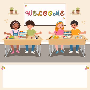 Sınıfta beyaz manyetik paneli olan mutlu uluslararası çocukların oturduğu bir şablon. Okul konsepti. Çizgi film tarzında vektör illüstrasyonu