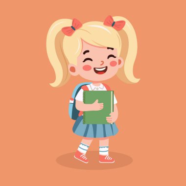 At kuyruklu tatlı kız sırt çantası ve kitaplarla mutlu. Okul konseptine geri dönelim. Çizgi film tarzında vektör illüstrasyonu