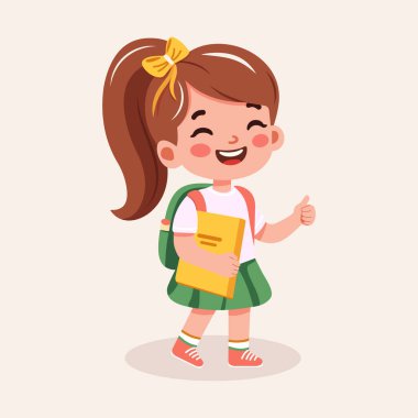 At kuyruklu tatlı kız sırt çantası ve kitaplarla mutlu. Okul konseptine geri dönelim. Çizgi film tarzında vektör illüstrasyonu