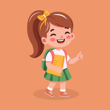 At kuyruklu tatlı kız sırt çantası ve kitaplarla mutlu. Okul konseptine geri dönelim. Çizgi film tarzında vektör illüstrasyonu
