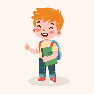 Çilli sevimli kızıl saçlı çocuk sırt çantası ve kitapla mutlu. Okul konseptine geri dönelim. Çizgi film tarzında vektör illüstrasyonu