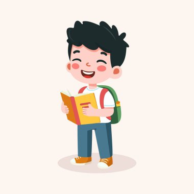 Şirin çocuk sırt çantası ve kitapla mutlu. Okul konseptine geri dönelim. Çizgi film tarzında vektör illüstrasyonu