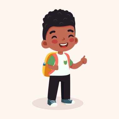 Şirin Afro-Amerikan Çocuk sırt çantasıyla mutlu. Okul konseptine geri dönelim. Çizgi film tarzında vektör illüstrasyonu