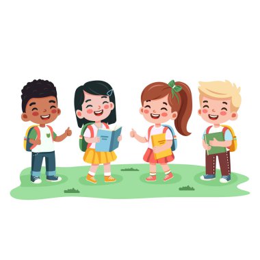 Gülümseyen uluslararası çocuklar okula beyaz arka planda bir kitap ve sırt çantasıyla giderler. Düz dizayn tarzında bir çizgi film karakteri izole edildi. Vektör illüstrasyonu