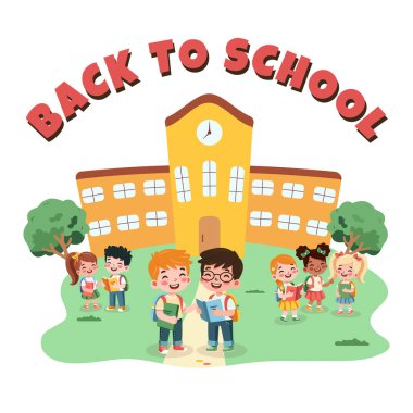 Okulun önünde elinde kitap ve sırt çantasıyla gülümseyen uluslararası çocuklar. Okul konseptine geri dönelim. Düz dizayn tarzında bir çizgi film karakteri izole edildi. Vektör illüstrasyonu