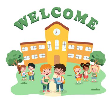 Okulun önünde elinde kitap ve sırt çantasıyla gülümseyen uluslararası çocuklar. Okul konseptine geri dönelim. Düz dizayn tarzında bir çizgi film karakteri izole edildi. Vektör illüstrasyonu